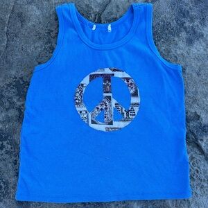 Women’s Large blue upcycled peace sign patchwork tank top handmade boho